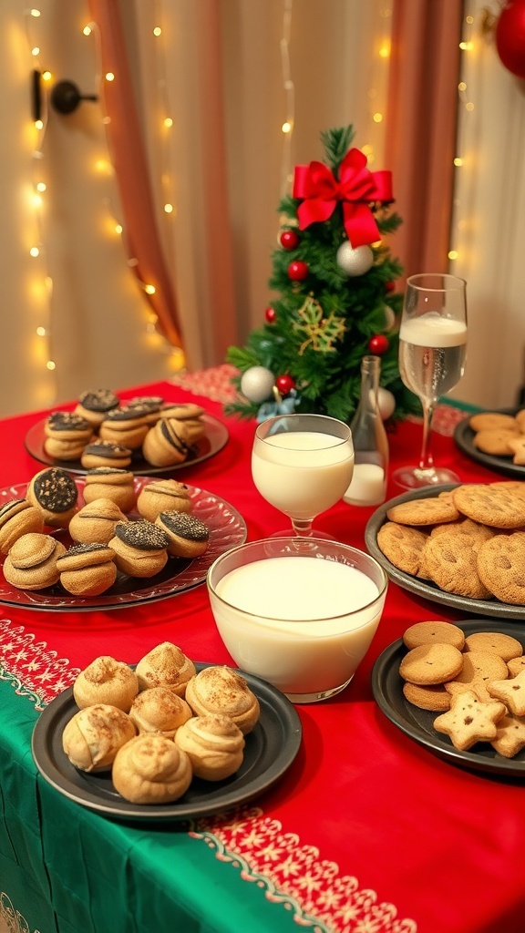 A festive Christmas party table with stuffed mushrooms, eggnog, and holiday cookies.